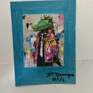 ACEO, “GREEN GATOR”2.5x3.5. OriginalArt Painting, mxd media, Embellished & Sign